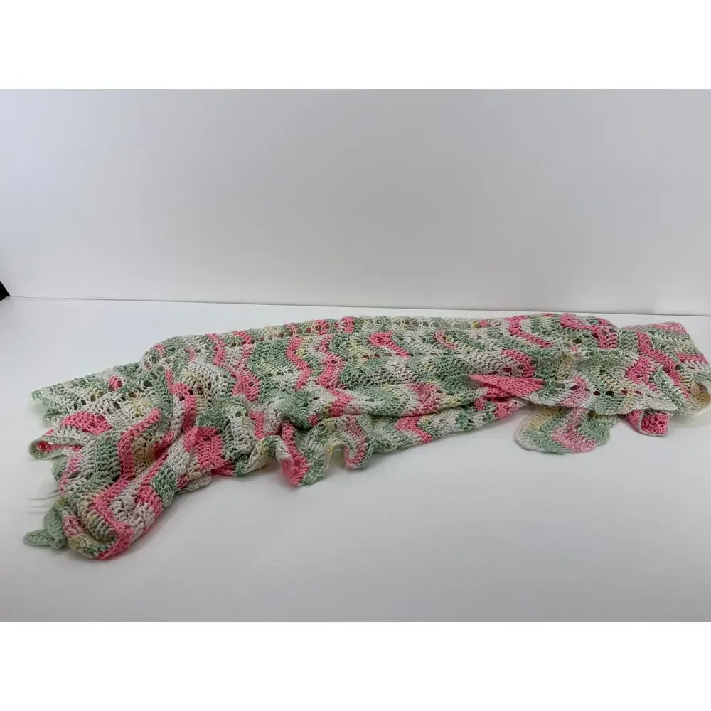 Handmade Crocheted Blanket - 3x3 ft - Pink/Green/White
